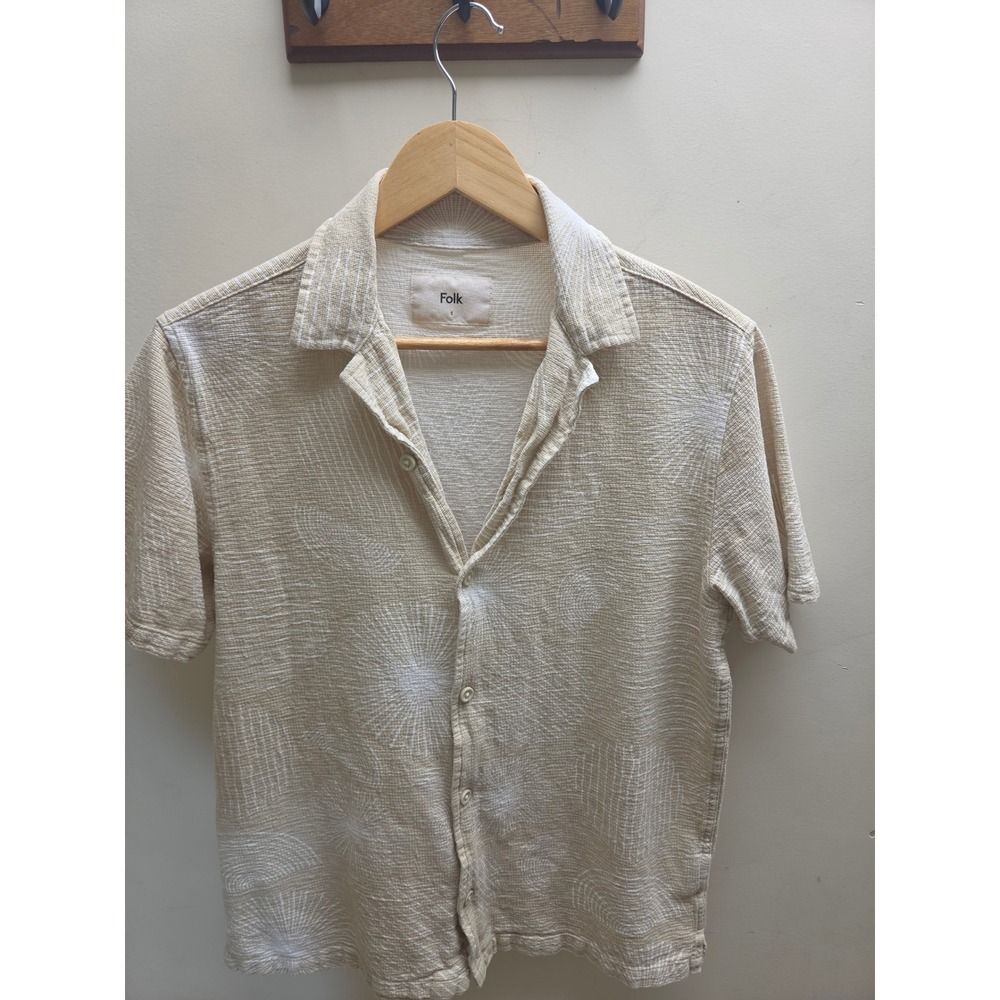 Folk Mens Short Sleeve Button Down Shirt Tan White Sunburst Cotton Size S